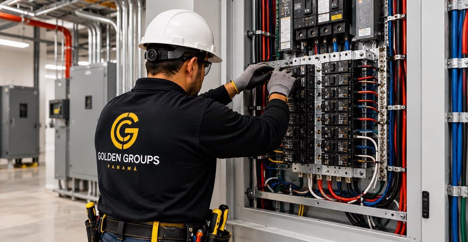 Técnico de Golden Group ajustando breakers en un tablero eléctrico